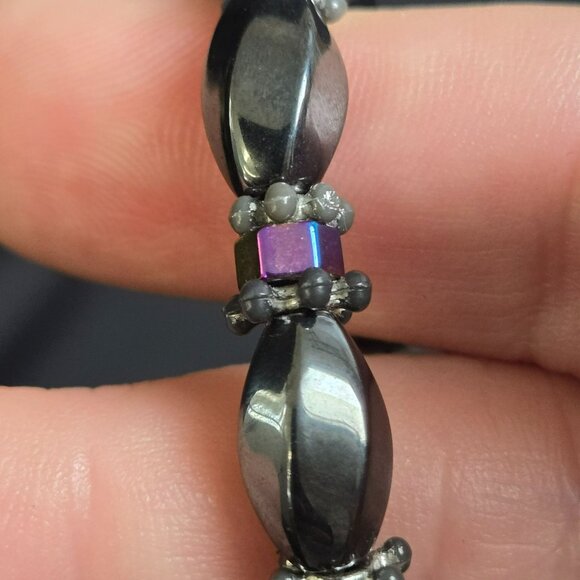 Magnetic Hematite Bracelet Rainbow Cube Accents Silver Tone Stretch 7" - Picture 5 of 7